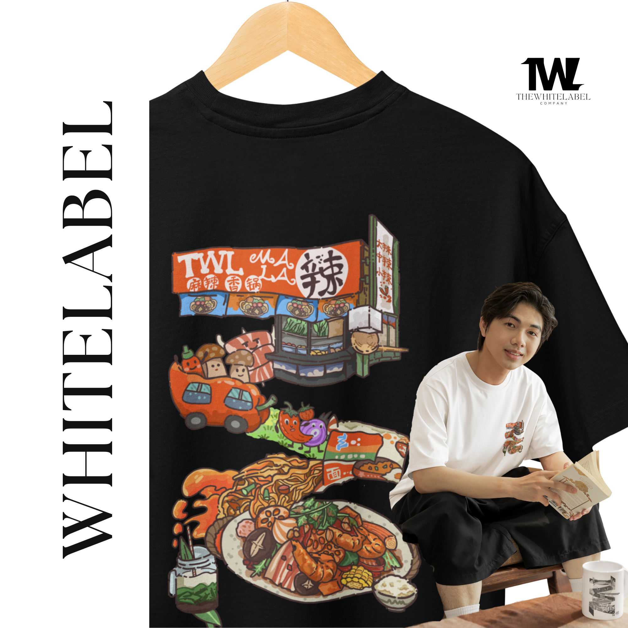 THEWHITELABEL SG11 Mala Xiangguo Logo 300Gsm Oversize Unisex T-shirt in Black and White Color - TheWhiteLabel