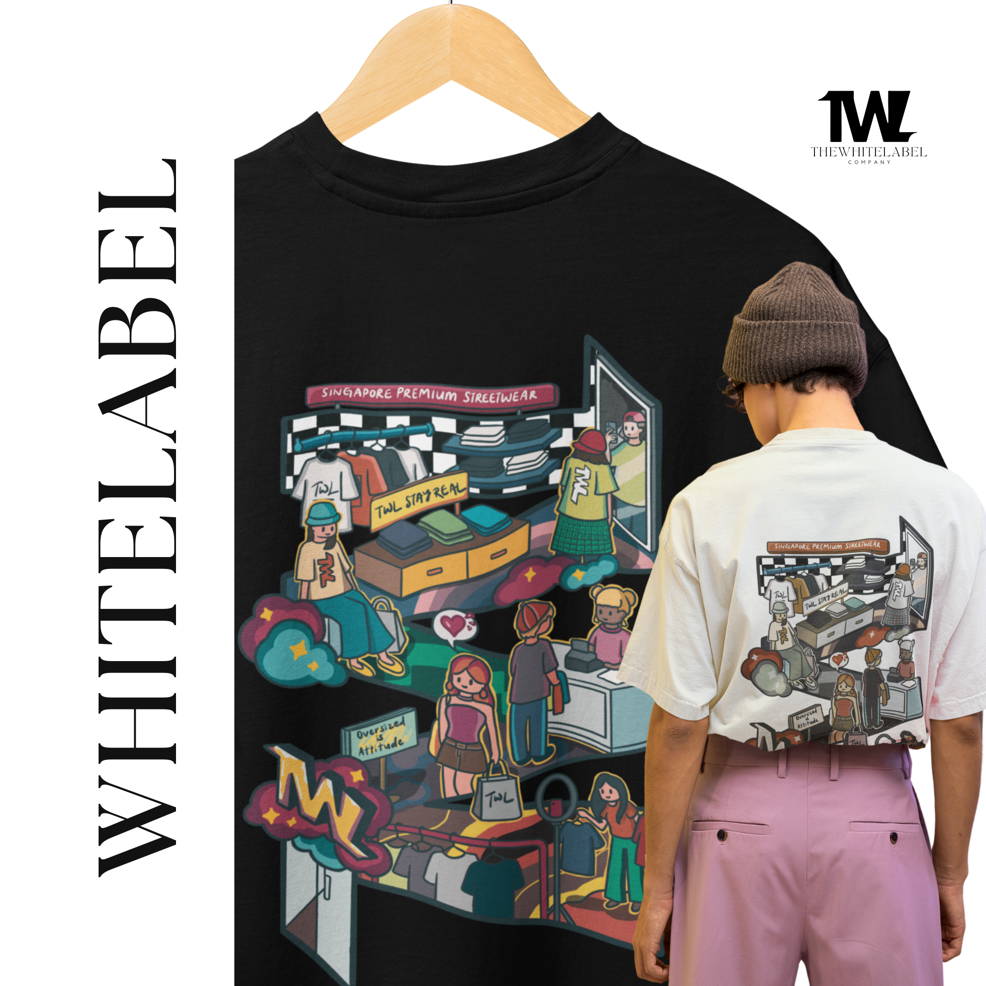 THEWHITELABEL SG09 TWLshop Logo 300Gsm Oversize Unisex T-shirt in Black and White Color - TheWhiteLabel