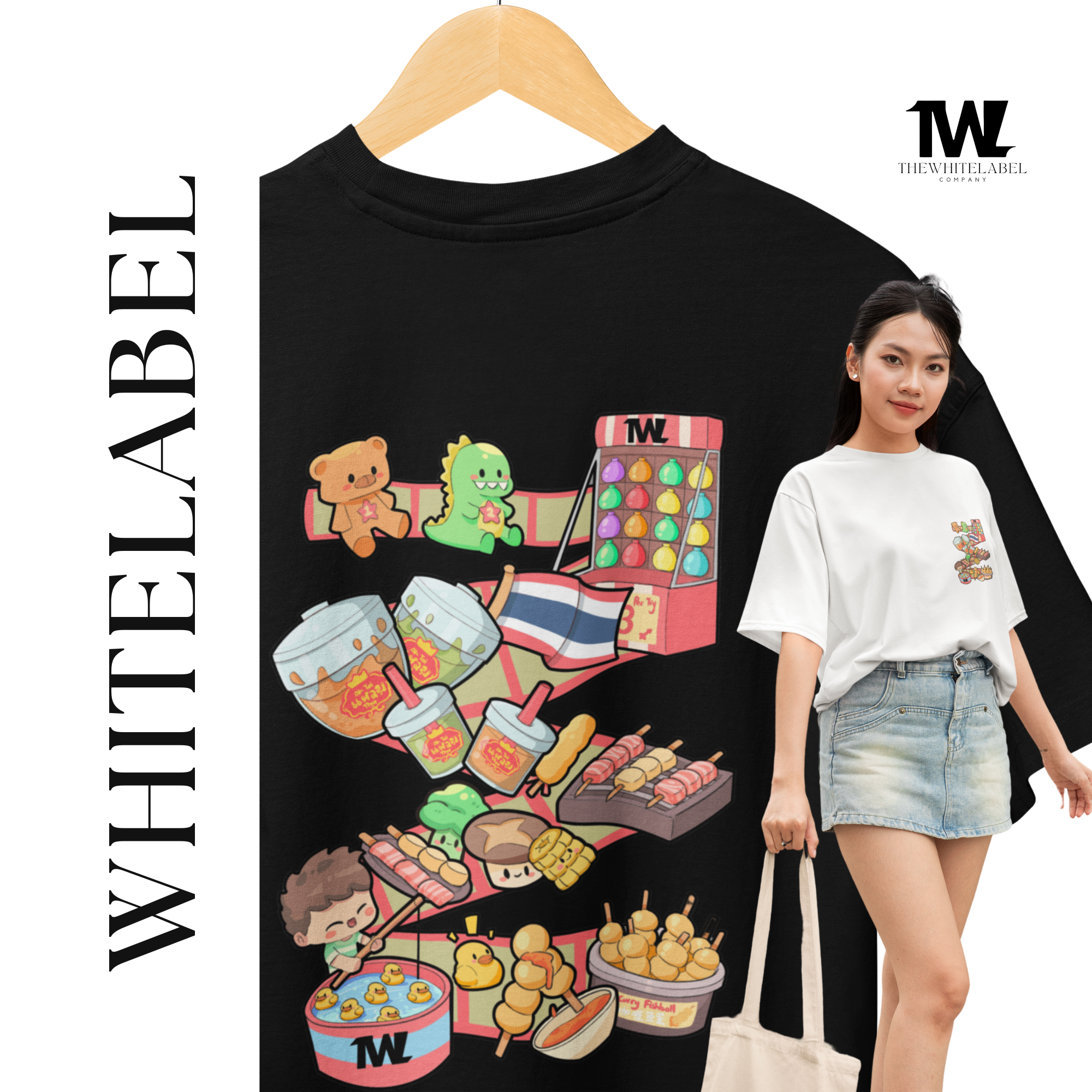 THEWHITELABEL SG13 Pasar Malam Logo 300Gsm Oversize Unisex T-shirt in Black and White Color - TheWhiteLabel