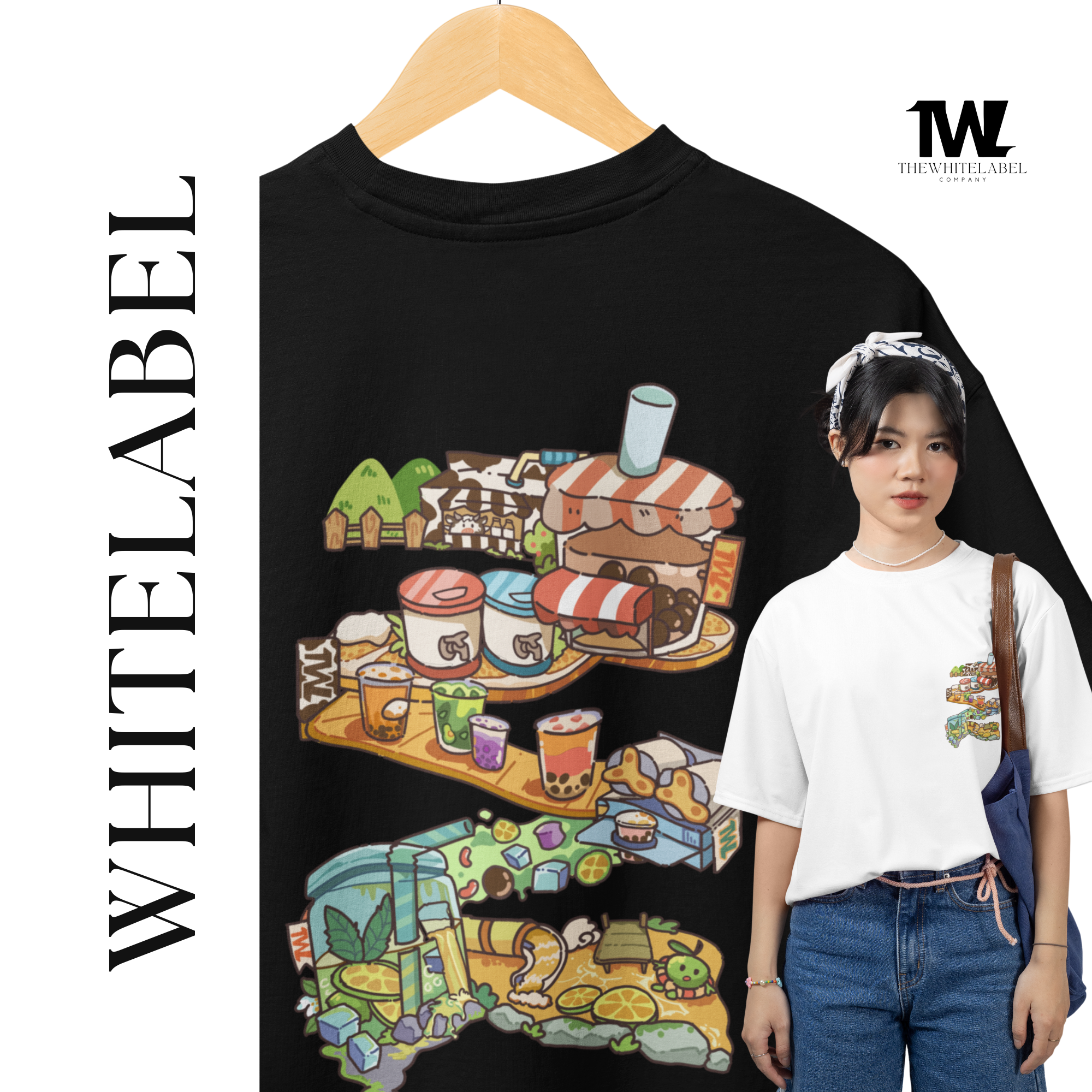 THEWHITELABEL SG10 Bubbletea Logo 300Gsm Oversize Unisex T-shirt in Black and White Color - TheWhiteLabel