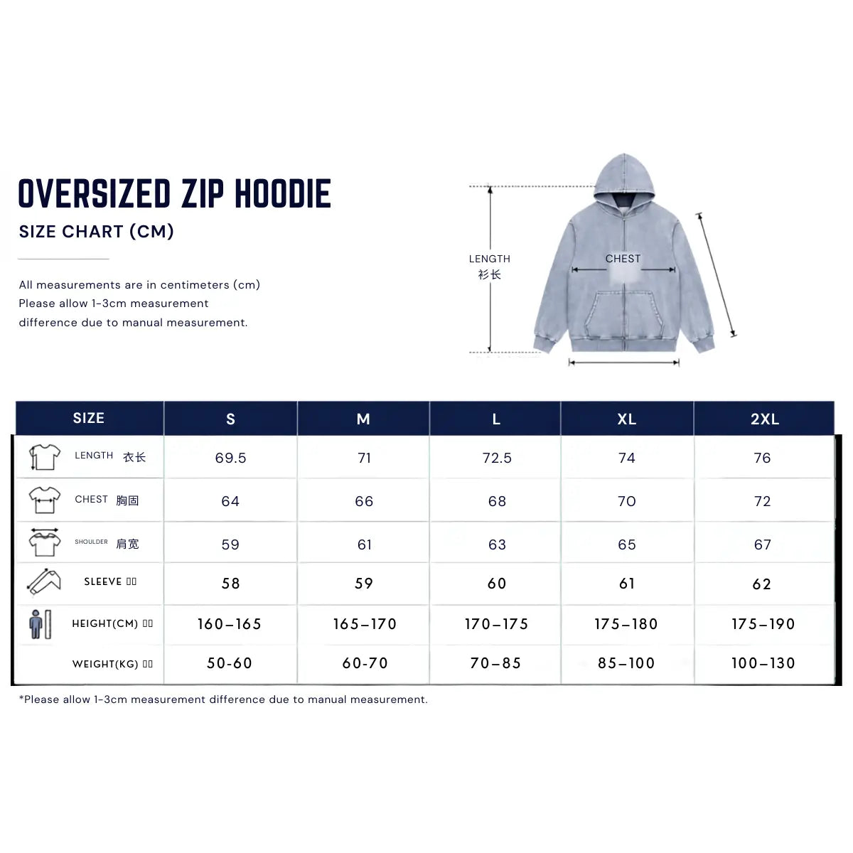 THEWHITELABEL HD01 Acid Wash Denim Colour 380GSM Oversized Zipper Hoodie THEWHITELABEL