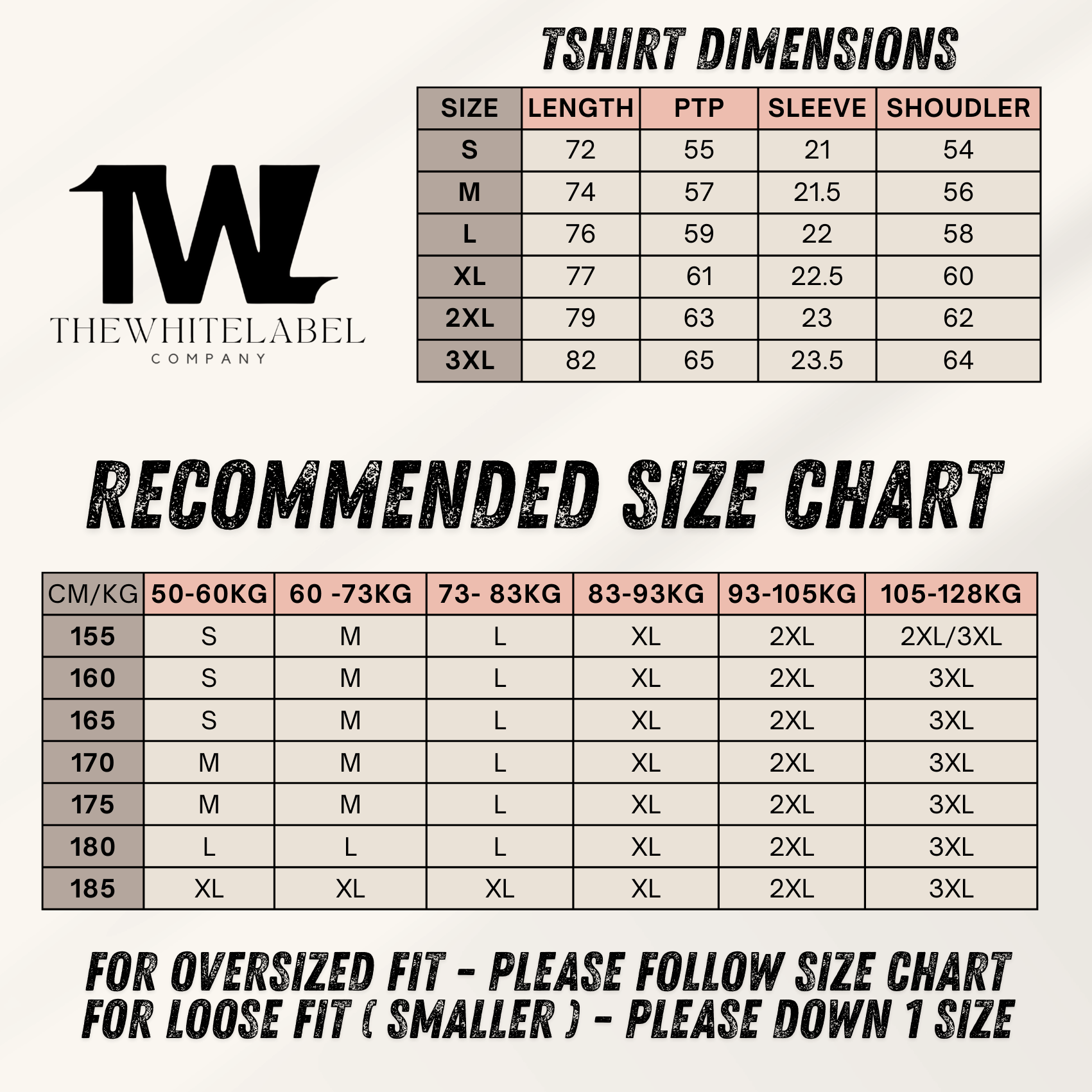 Size chart for t-shirts with dimensions and The Whitelabel Company logo.