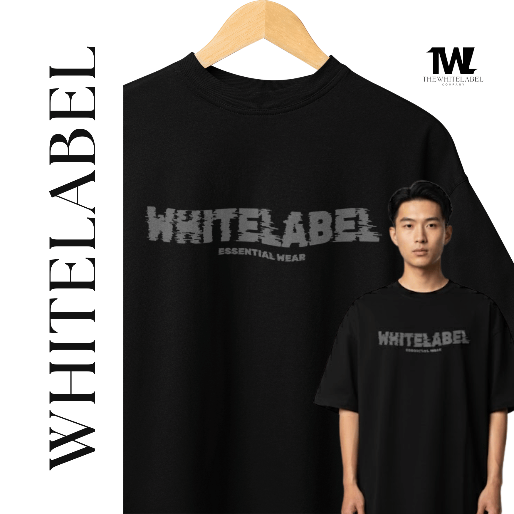 Asian model wearing black 280GSM oversized streetwear unisex t-shirt with TWL print