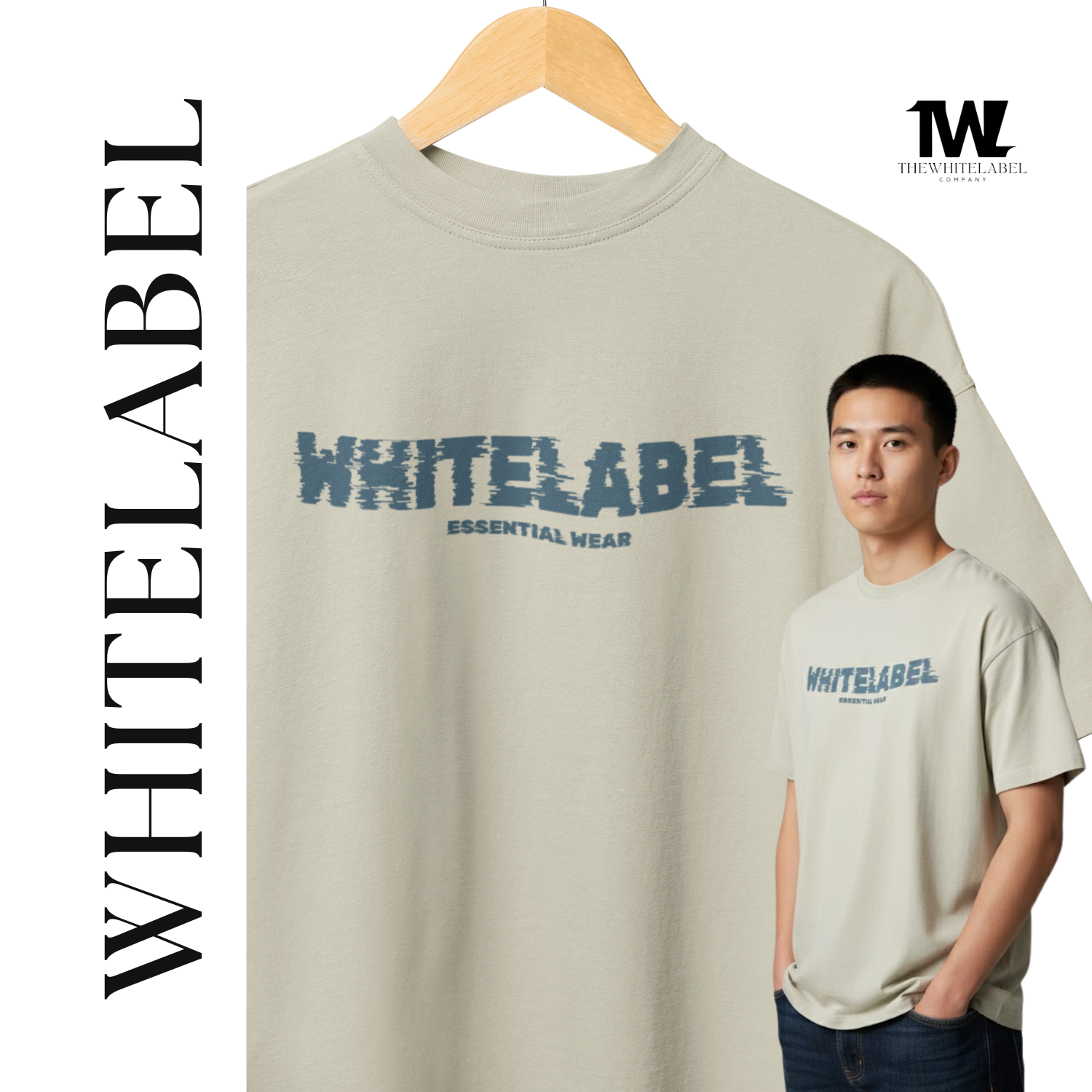 Singapore model wearing beige 280GSM oversized cotton streetwear unisex t-shirt with TWL thewhitelabel print
