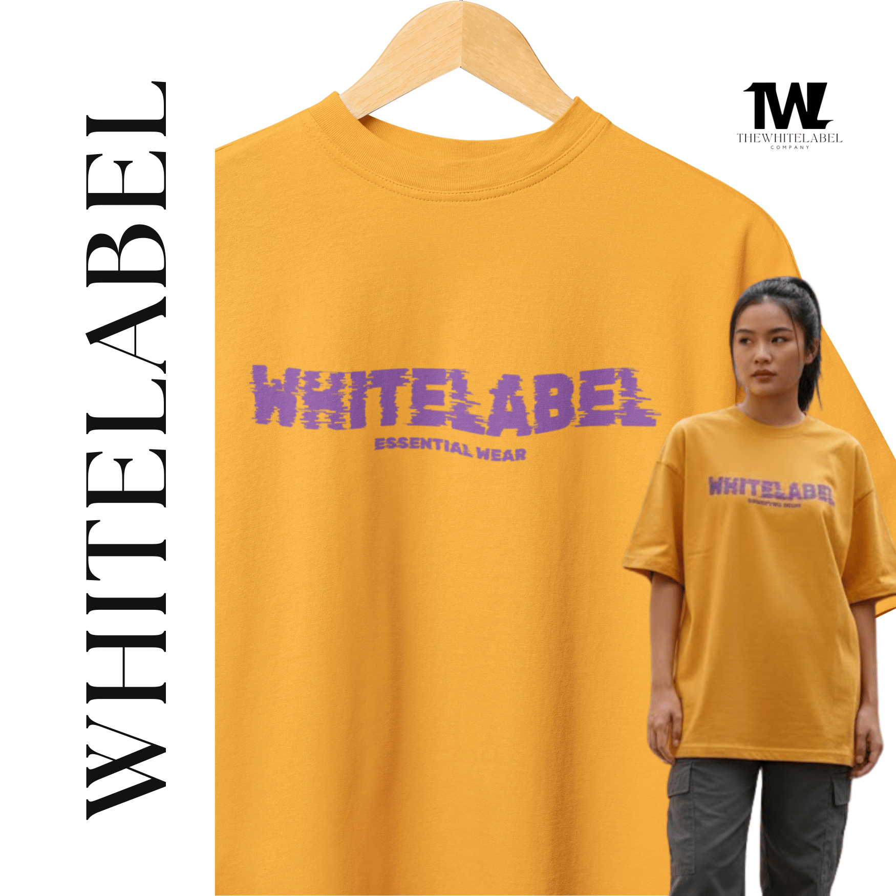 Singapore model wearing Yellow Pumpkin Orange 280GSM oversized cotton streetwear unisex t-shirt with TWL thewhitelabel print
