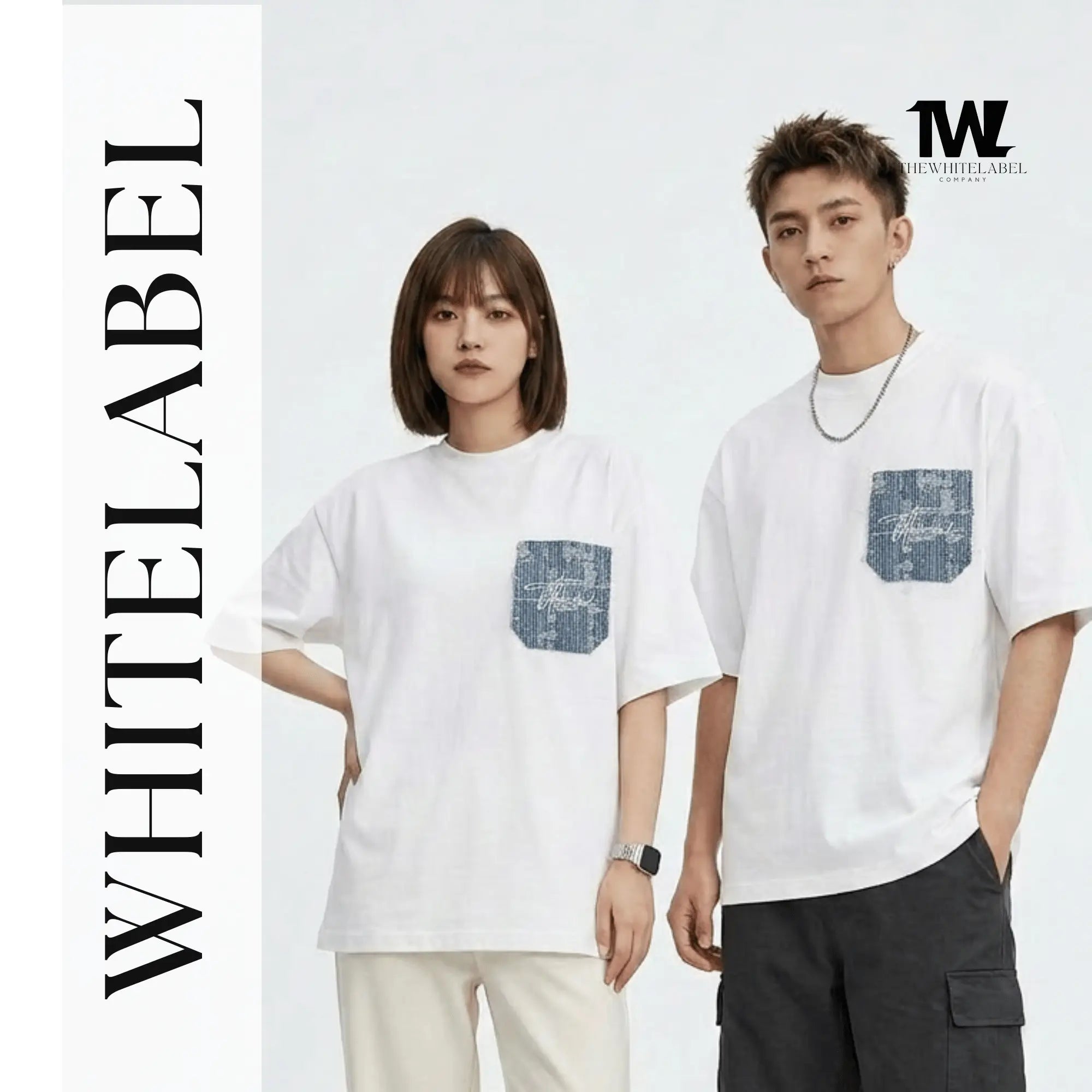 THEWHITELABEL PK02 Denim Pocket Embroidered Oversized Unisex T-Shirt in White Colour