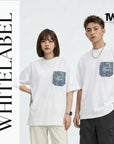 THEWHITELABEL PK02 Denim Pocket Embroidered Oversized Unisex T-Shirt in White Colour