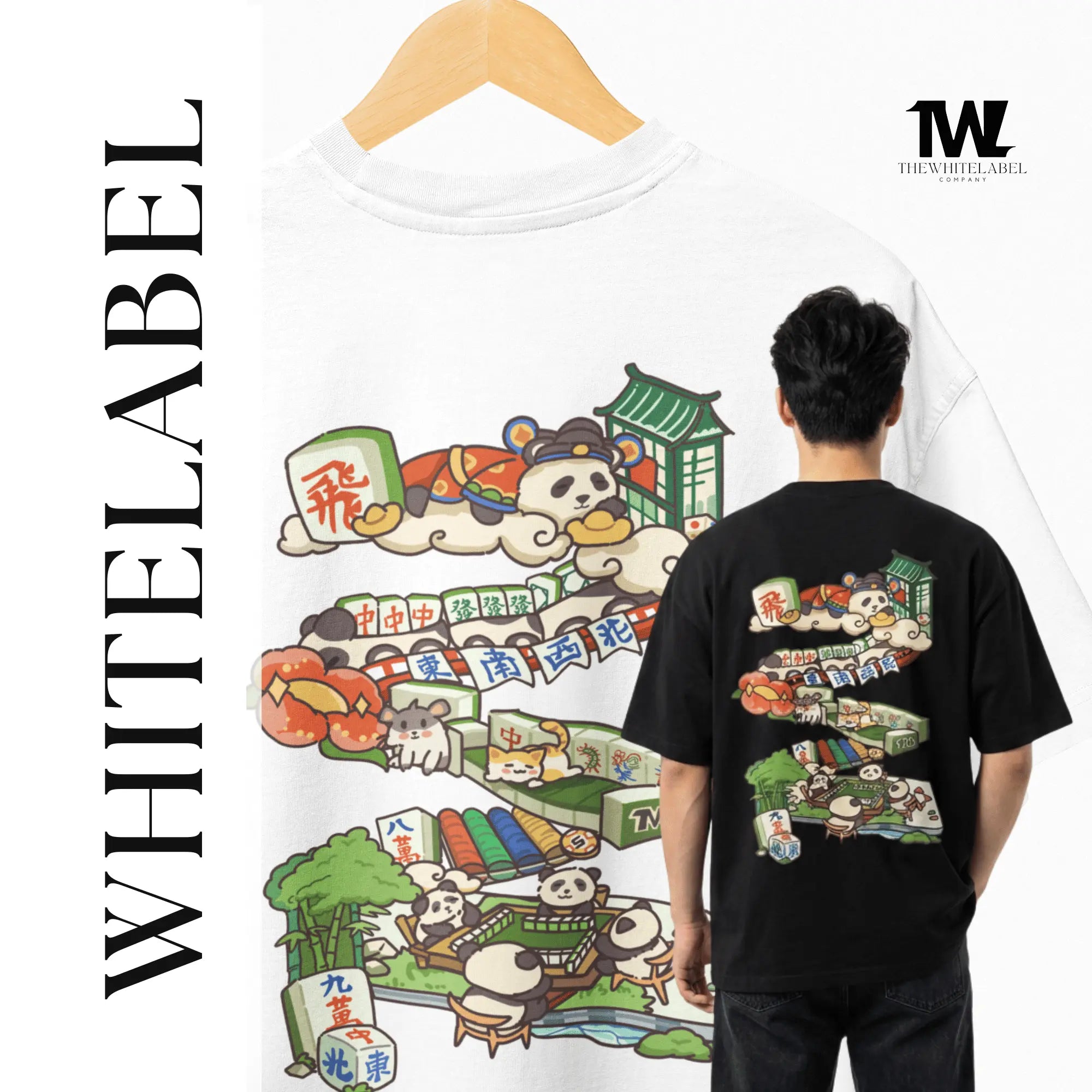 THEWHITELABEL SG12 Mahjong Panda Logo 300Gsm Oversize Unisex T-shirt in Black and White Color THEWHITELABEL