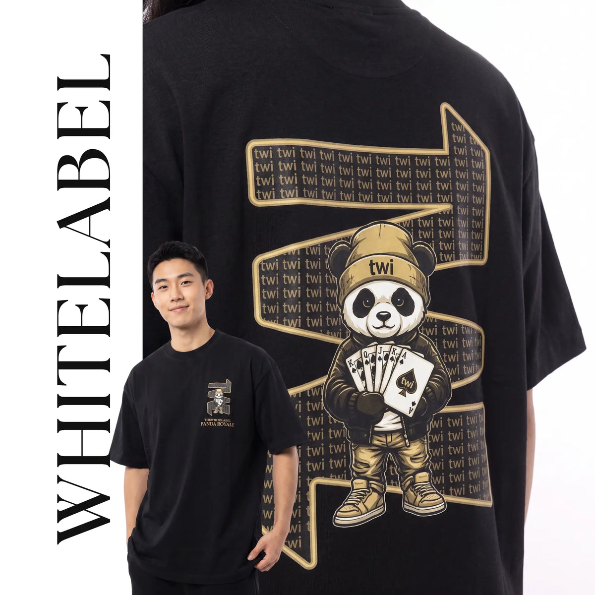 THEWHITELABEL SG24 POKER PANDA ROYALE 300Gsm Oversize Unisex T-shirt in Black Color THEWHITELABEL