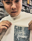 THEWHITELABEL PK02 Denim Pocket Embroidered Oversized Unisex T-Shirt in White Colour